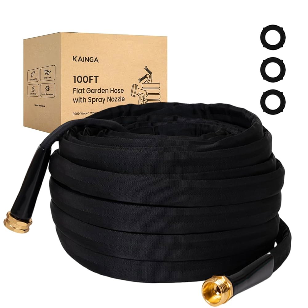 KAINGA 경량 플랫 가든 호스 100피트, 3/4인치 GHT 플렉시블 워터 호스, 킨크 프리 및 내구성이 뛰어난 800D 패브릭, 잔디, 마당, 세차를 위한 휴대용 100피트 - 상품 이미지