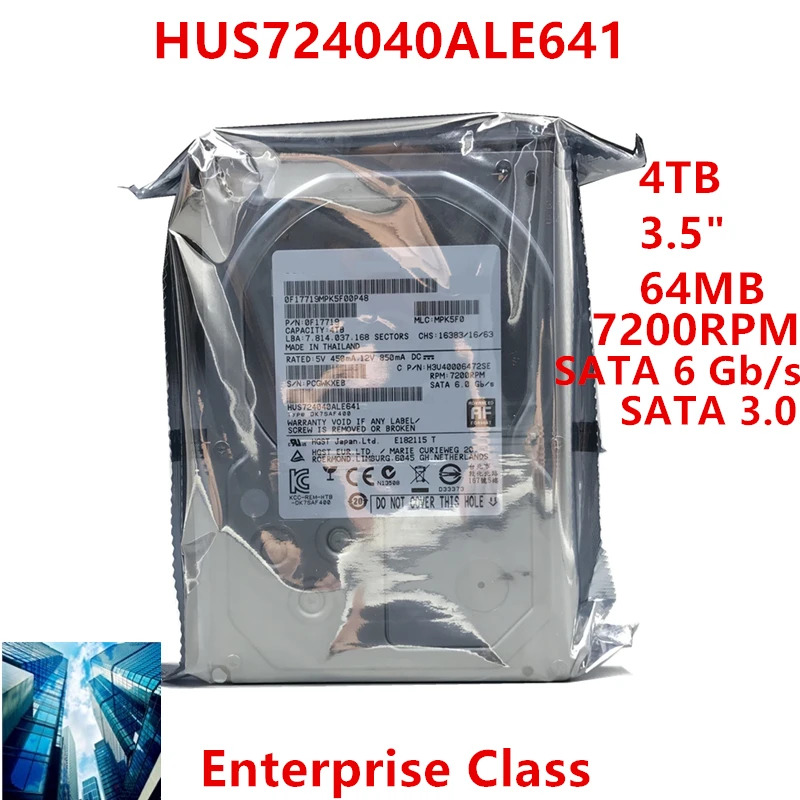 Hgst 4TB 3.5 인치 7K4 SATA 6 Gb/s 64MB 7200RPM 엔터프라이즈 HDD HUS724040ALE641 내부 신