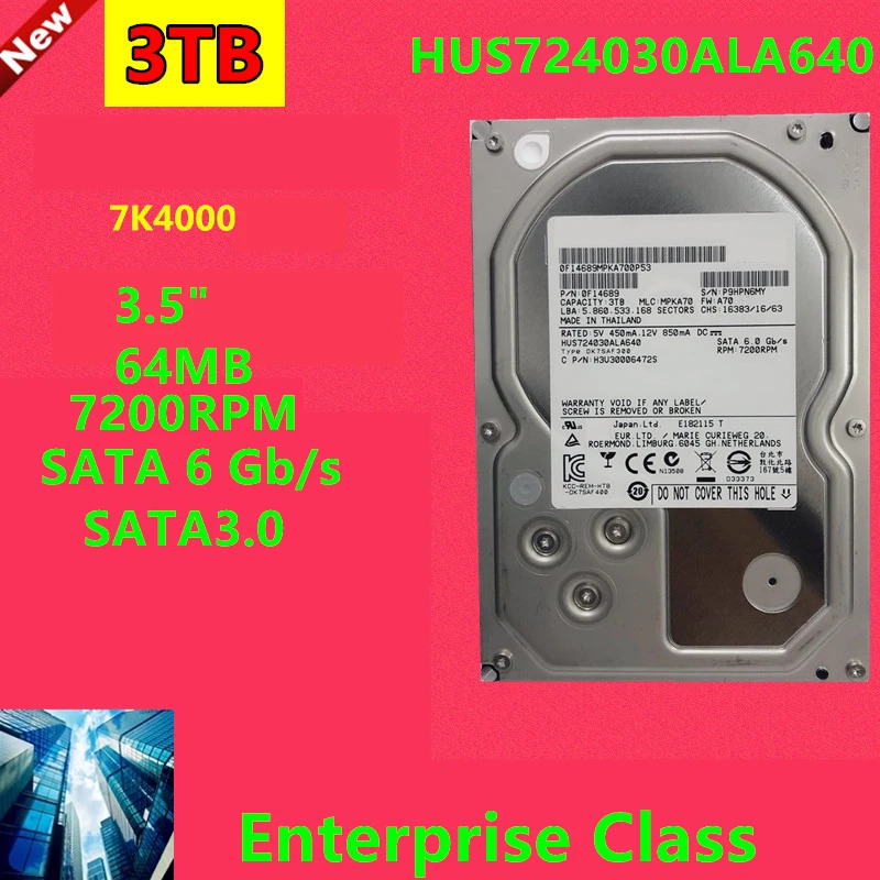엔터프라이즈 HDD HUS724030ALA640Hgst 3TB 3.5 SATA 6 Gb/s 64MB 7200RPM새 원본