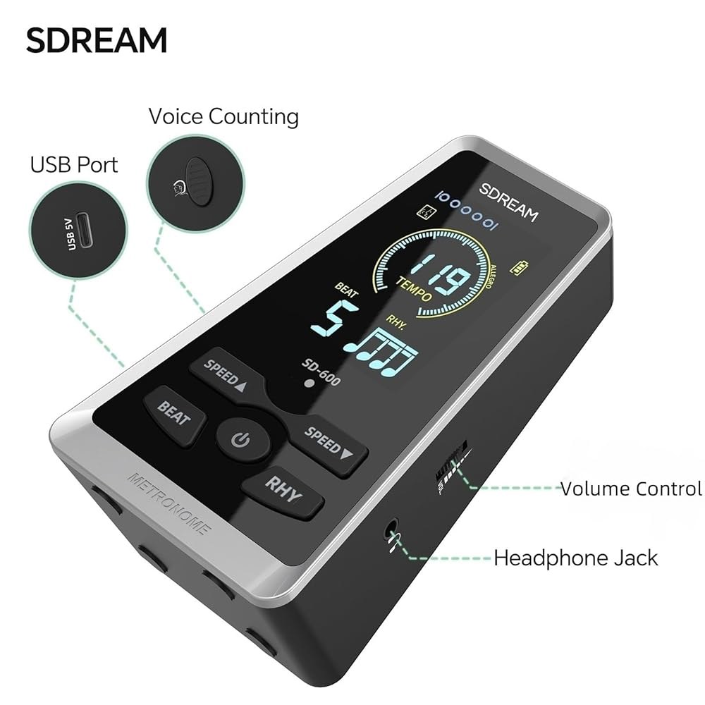 피아노, 기타, 바이올린을 위한 SDREAM 디지털 메트로놈, 사람 목소리를 충전식 LCD 전자 초보자 및 음악가를 전문 악기 볼륨 비트 속도 조절 가능 - 상세 이미지 2