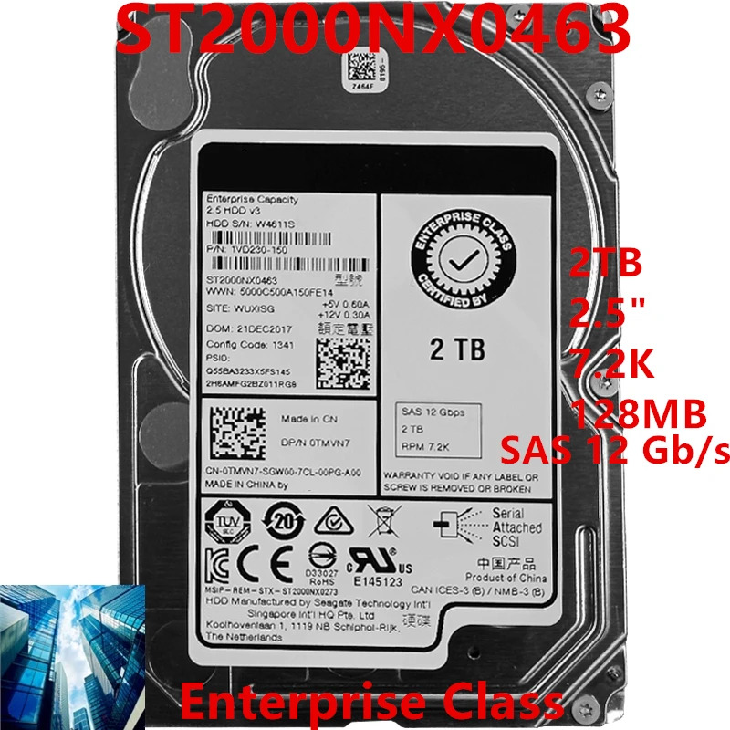 Dell 엔터프라이즈 HDD오리지널 HDD 2TB 2.5 인치 7.2K SAS 12 Gb/s 128MB 0TMVN7 TMVN7 ST2000NX0463