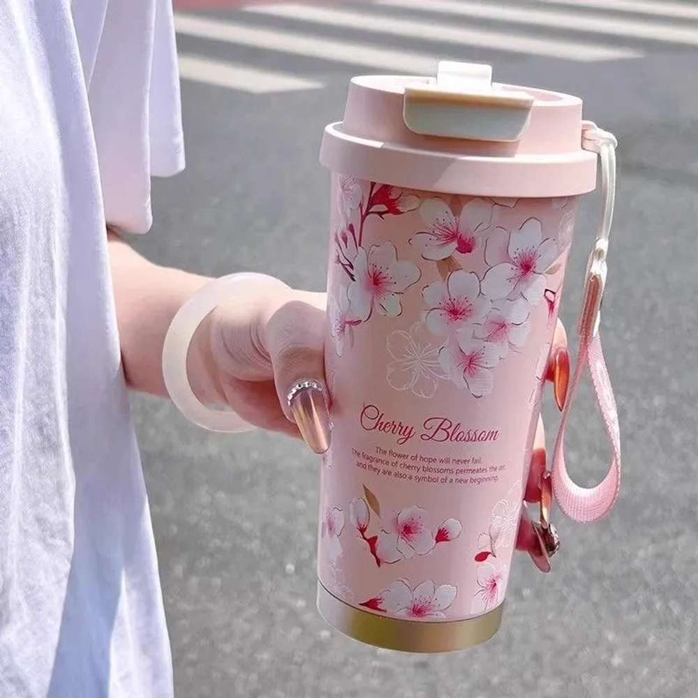 316 스테인리스 텀블러 플라워 꽃 보온 보냉 차량용 커피컵 빨대 핸들 휴대용 500ml 여름 정원 협죽도 600ml - 상세 이미지 3