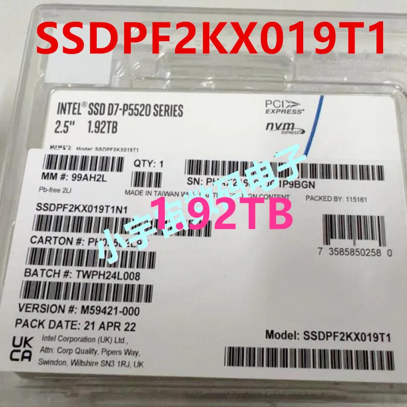SSD D7-P5520 1.92TB 2.5 U.2 SSDPF2KX019T1N1 SSDPF2KX019T1새 솔리드 스테이트 드라이브