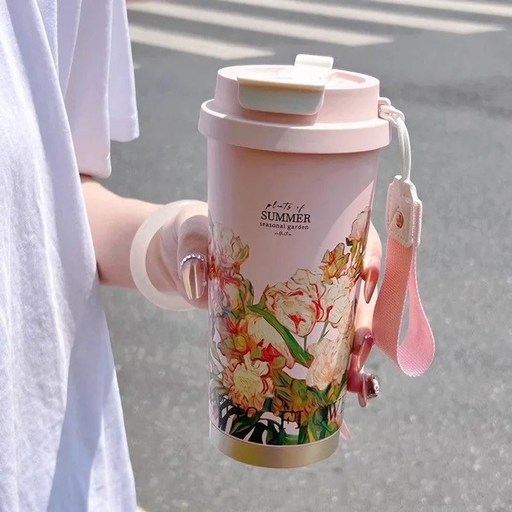 316 스테인리스 텀블러 플라워 꽃 보온 보냉 차량용 커피컵 빨대 핸들 휴대용 500ml 여름 정원 협죽도 600ml - 상세 이미지 5