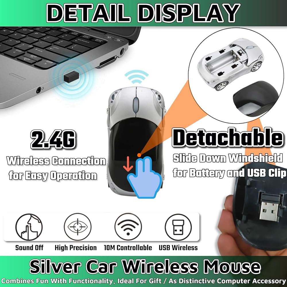 HuGuWdy 실버 카 마우스 2.4G, USB 리시버 1600DPI 컴퓨터 무선, 노트북 태블릿용 무선 마우스, Windows Mac OS용 Black - 상세 이미지 2