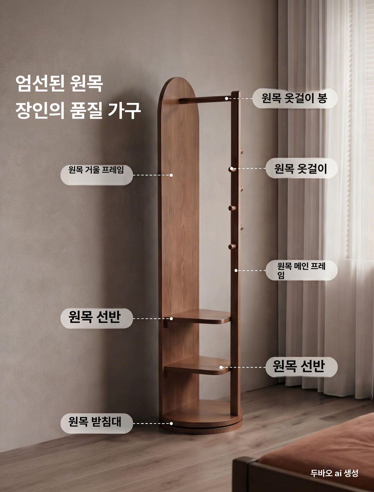 회전거울 스탠드미러 원목전신거울 수납겸용 코트걸이 드레스룸 인테리어가구 - 상세 이미지 2