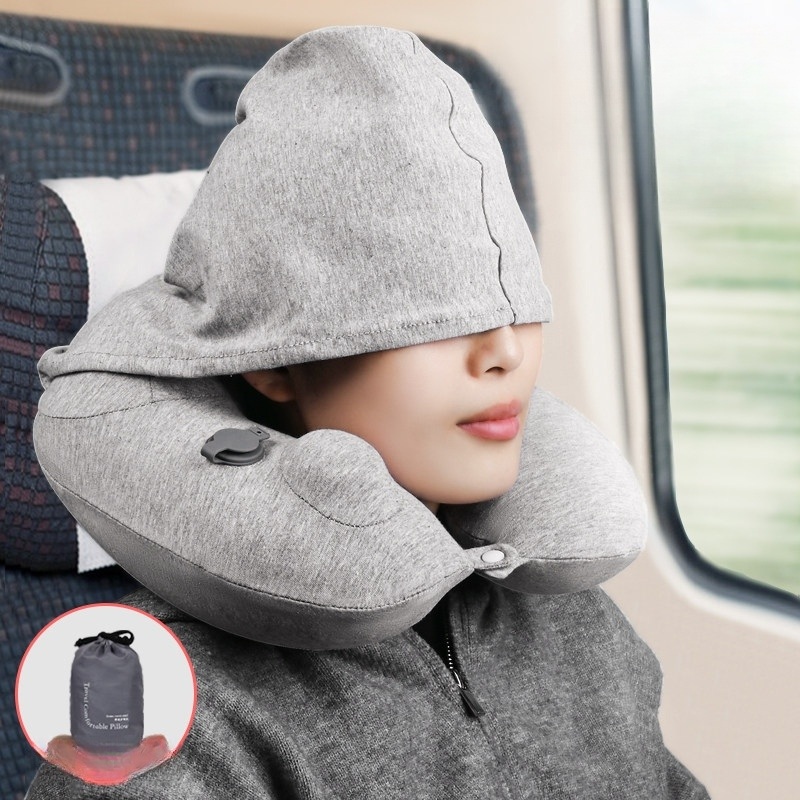 후드 목베개 후드티 U자형 일체형 모자 빛가림 암막 수면용 부드러운 면혼방 기내용 - 상세 이미지 2
