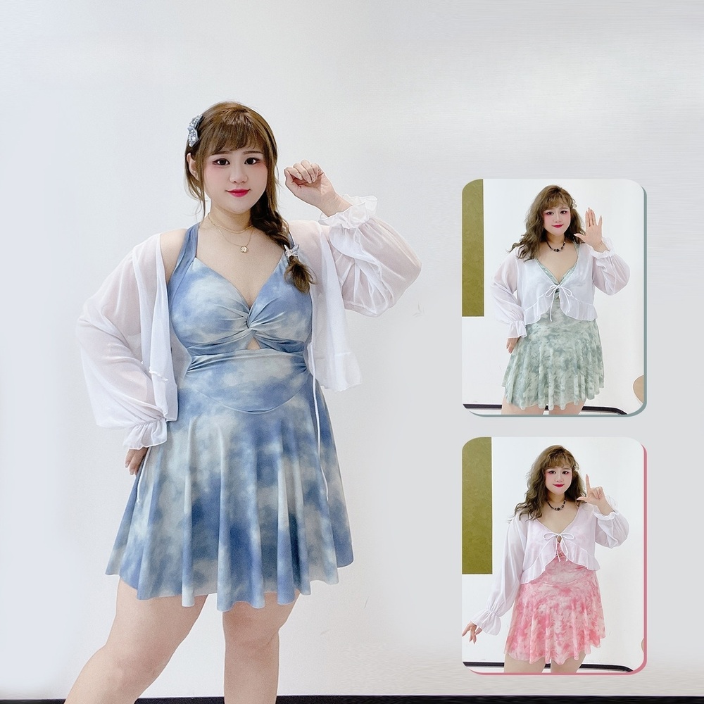 여자 빅사이즈 홀터넥 구름 나염 원피스 스커트 수영복 속바지 내장 자외선 햇빛 차단 얇은 - 상품 이미지
