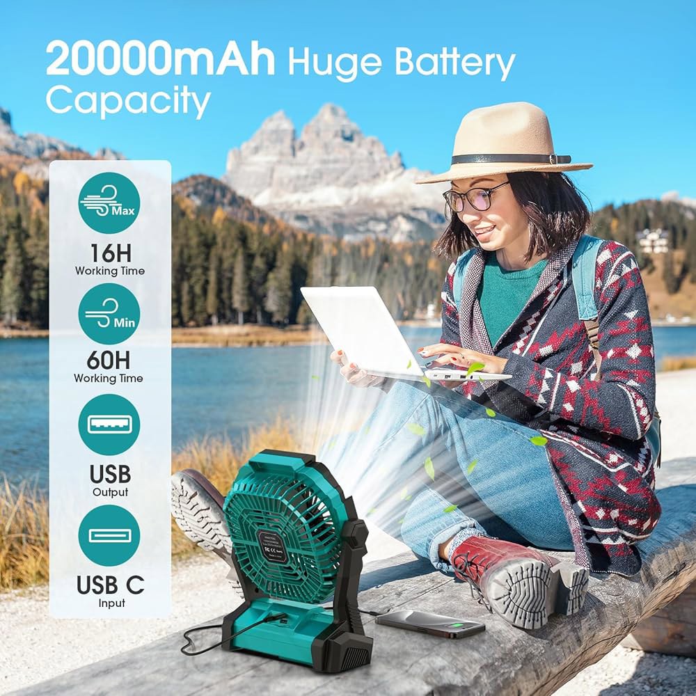 ONLYNEW 휴대용 선풍기 충전식, LED 랜턴이 장착된 20,000mAh 무선 배터리 구동 선풍기, 여행용 침실 홈 캠핑 텐트 사무실 비치 데스크 낚시 테이블용 USB C 작동 - 상세 이미지 2