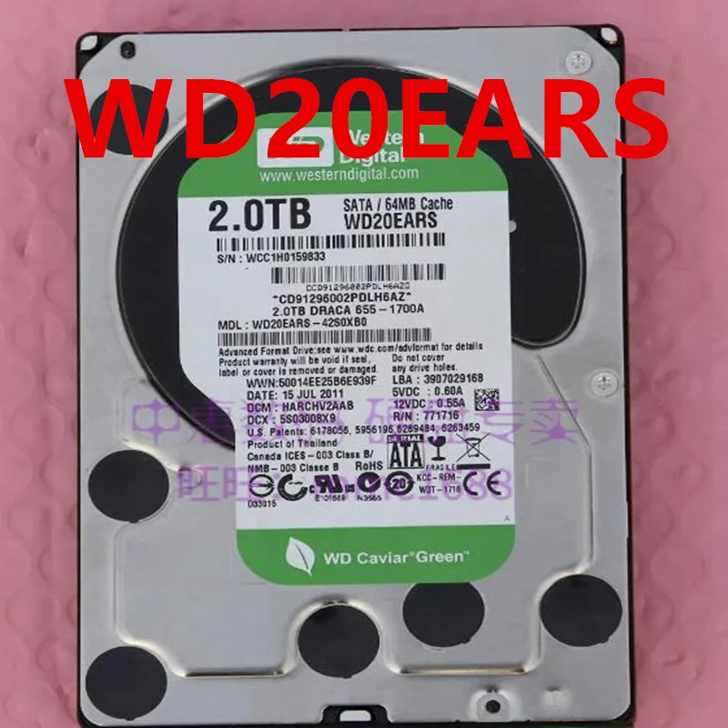 데스크탑 HDD오리지널 하드 WD 2TB SATA 3.5 인치 5400RPM 64MB WD20EARS 거신