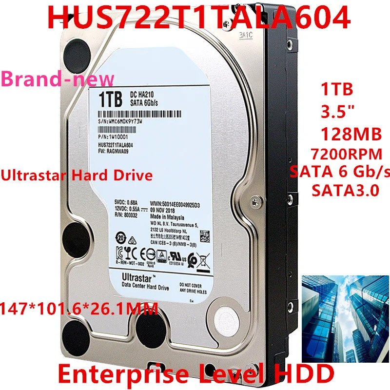 엔터프라이즈 레벨 내부 하드 오리지널 HDD WD 1TB 3.5 인치 SATA 6 Gb/s 128MB 7200RPM HUS722T1TALA604 신