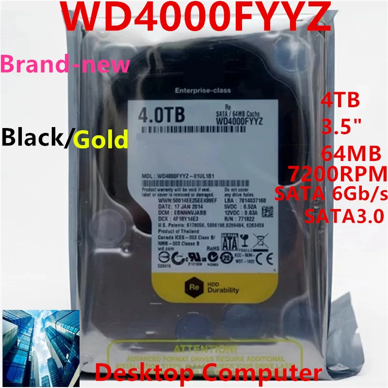 내부 하드 오리지널 HDD WD 블랙 골드 WD4000FYYZ 4TB 3.5 인치 SATA 64MB 7200RPM 신
