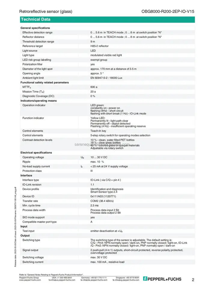 Pepperl Fuchs OBG8000-R200-2EP-IO-V15 역반사 센서