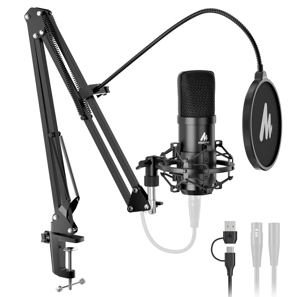XLR /USB 콘덴서 마이크 192kHz / 24비트 플러그 앤 플레이 PC 컴퓨터 팟캐스트 카디오이드 메탈 마이크 키트(소프트웨어 포함), 녹음, 스튜디오, 노래, YouTub - 상품 이미지