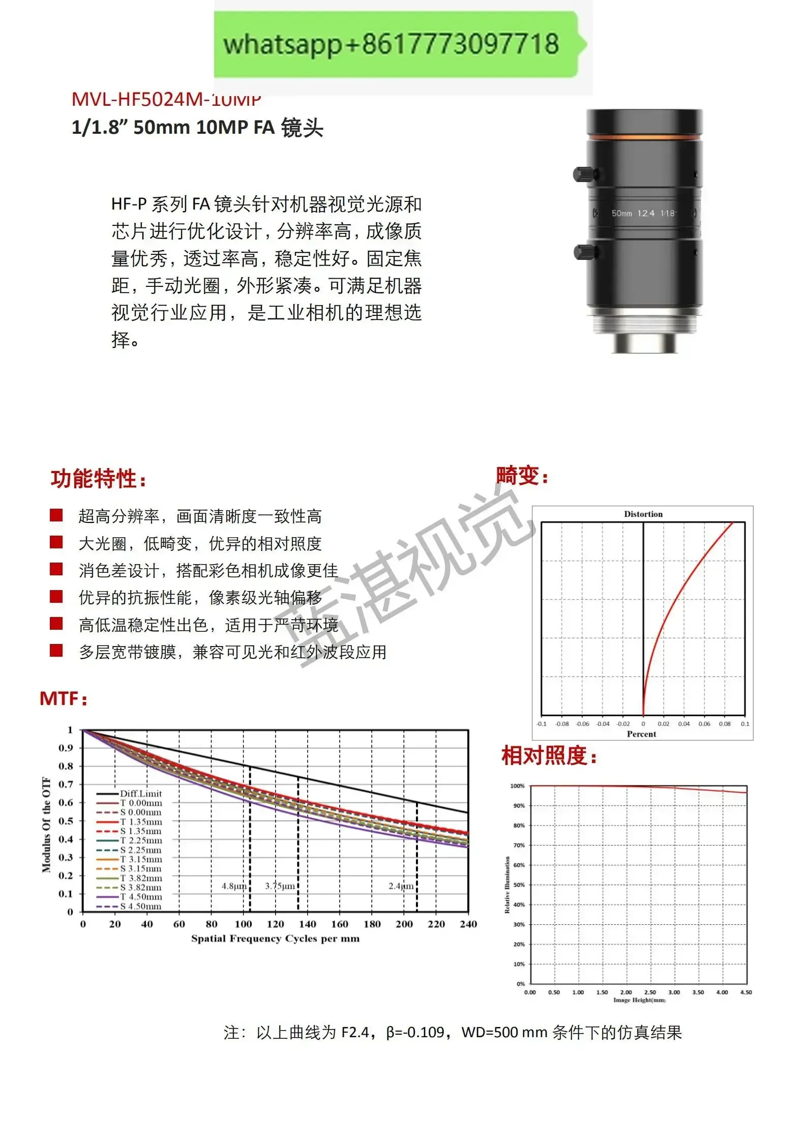 MVL-HF5024M-10MP 1000만 화소 1/1.850mm 산업렌즈 C 포트