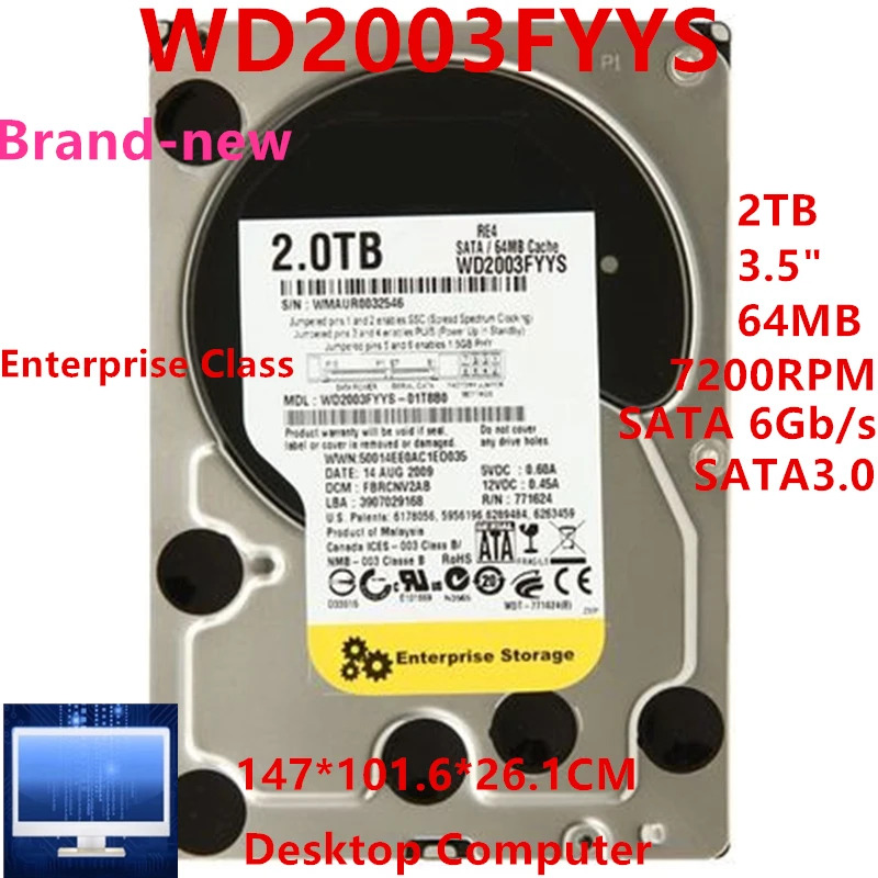 엔터프라이즈 내장 하드 오리지널 HDD WD 블랙 2TB 3.5 인치 SATA 6 Gb/s 64MB 7200RPM WD2003FYYS
