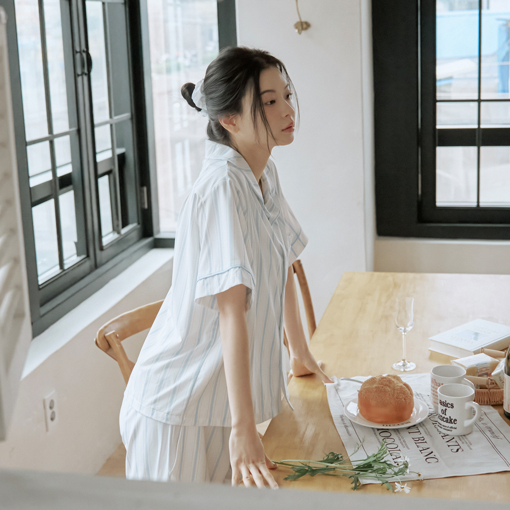 베베데코 히말라야 냉감 여름 잠옷 반팔 홈웨어 파자마 세트 무드 스트라이프 이미지 4