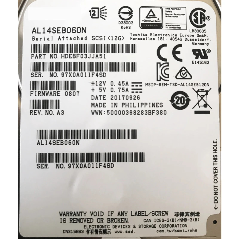 도시바호환 SAS오리지널 HDD 엔터프라이즈 AL14SEB060N 내부 600GB 2.5 인치 12 Gb/s 128MB 10000RPM 신