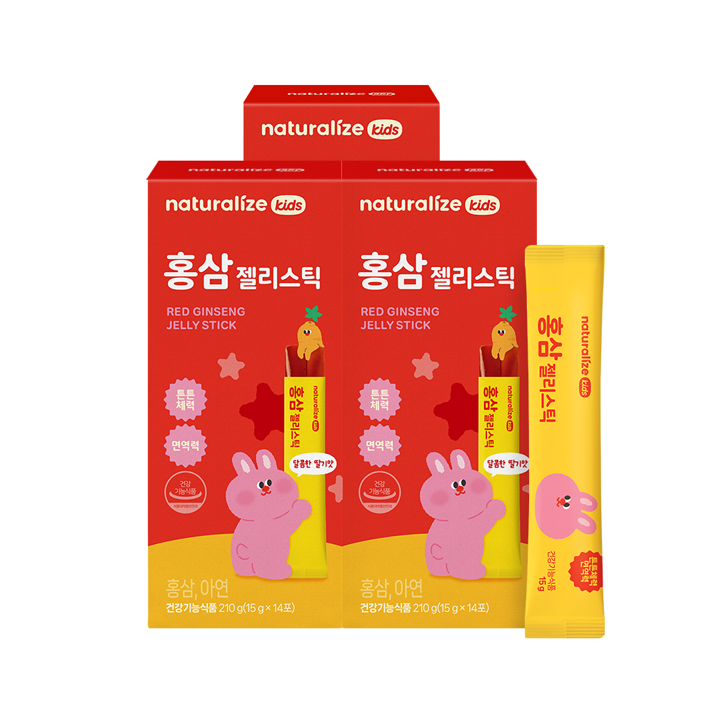 네추럴라이즈 홍삼 젤리스틱 키즈 어린이 딸기맛 영양제 아연 14포, 3개 - 상품 이미지