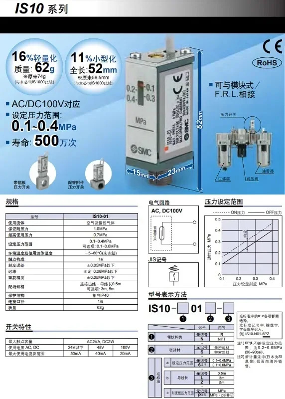 SMC 공압 압력 스위치 IS10M-01/20/30/40-L/Z-A/IS10E-2002/3003-6/L-A