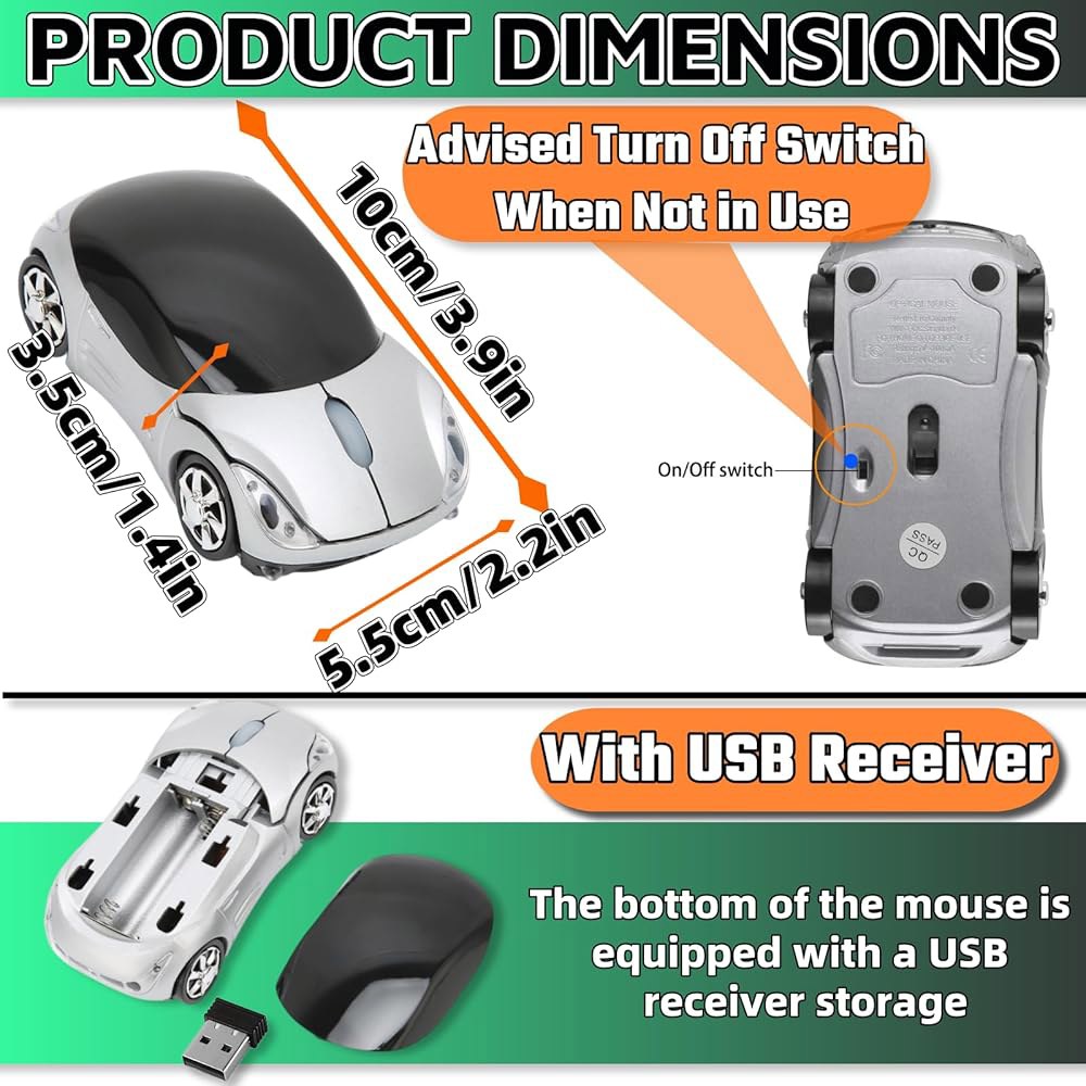 HuGuWdy 실버 카 마우스 2.4G, USB 리시버 1600DPI 컴퓨터 무선, 노트북 태블릿용 무선 마우스, Windows Mac OS용 Black - 상세 이미지 3