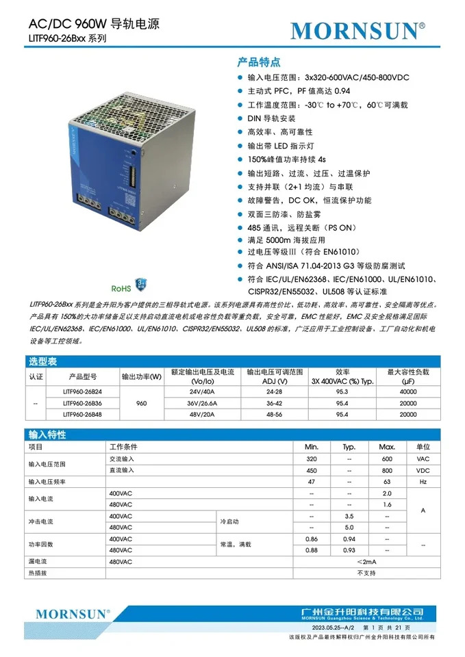 AC-DC 레일 전원공급장치 LITF960-26B24 36/48 960W 신