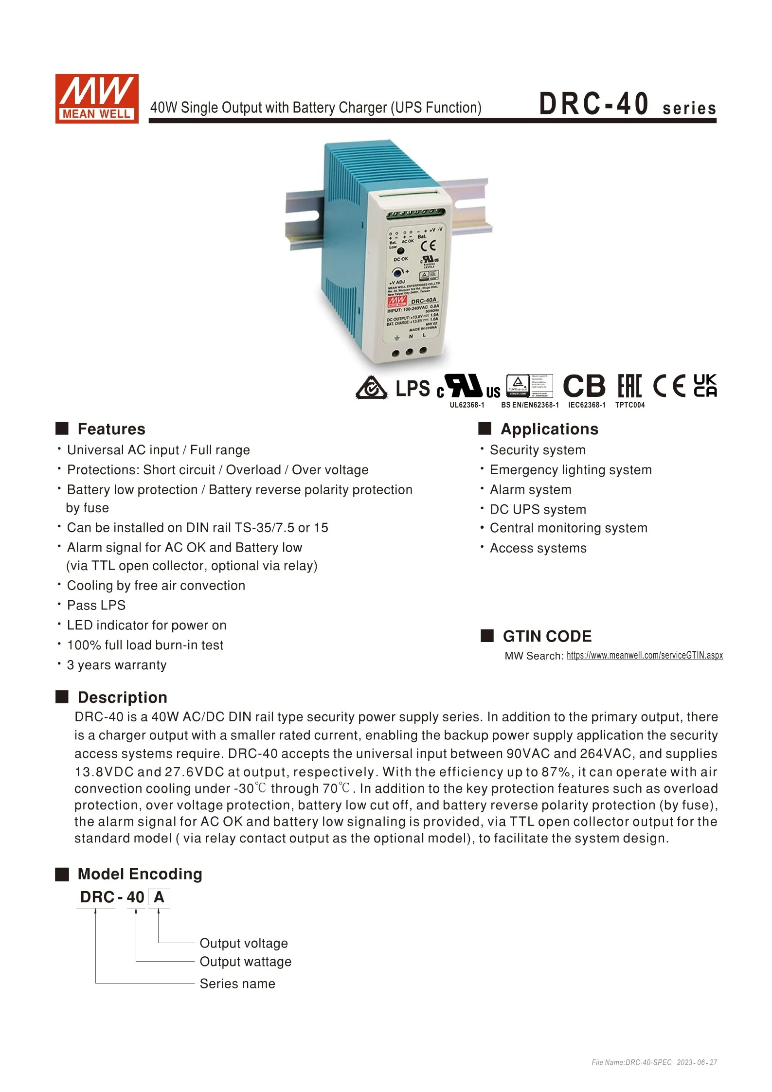 MEAN WELL DRC-40 스위칭 전원공급장치 DRC-40A 13.8V DRC-40B 27.6V 보안 DIN UPS 기능 40W