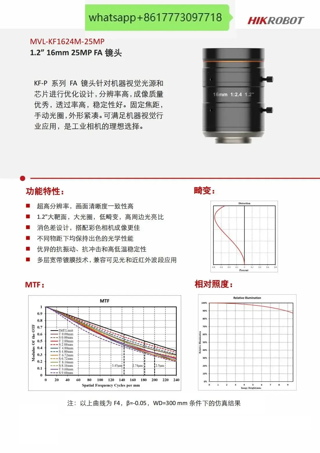 MVL-KF1624M-25MP 고정 초점 16mm 1.2인치 2500만 픽셀 산업렌즈