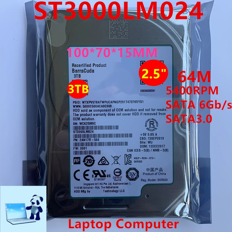 씨게이트 노트북내장 하드 오리지널 HDD ST3000LM024 3TB 2.5 인치 SATA 6 Gb/s 64MB 5400RPM 신