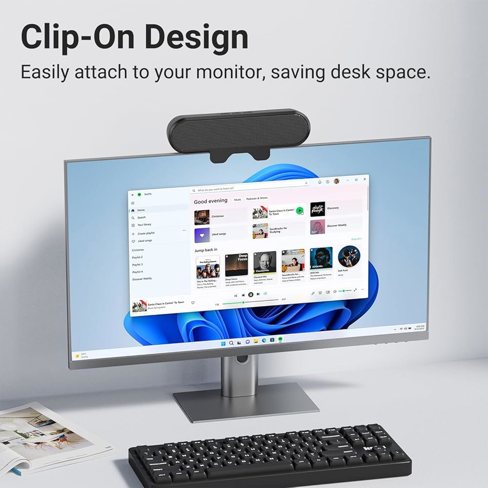데스크톱 PC용 INGA 컴퓨터 스피커, 클립온이 장착된 USB 모니터 스피커 바, HD 스테레오 라우드 사운드가 유선 데스크 노트북 미니 사운드 모니터링을 위한 간편한 클램프 - 상세 이미지 2