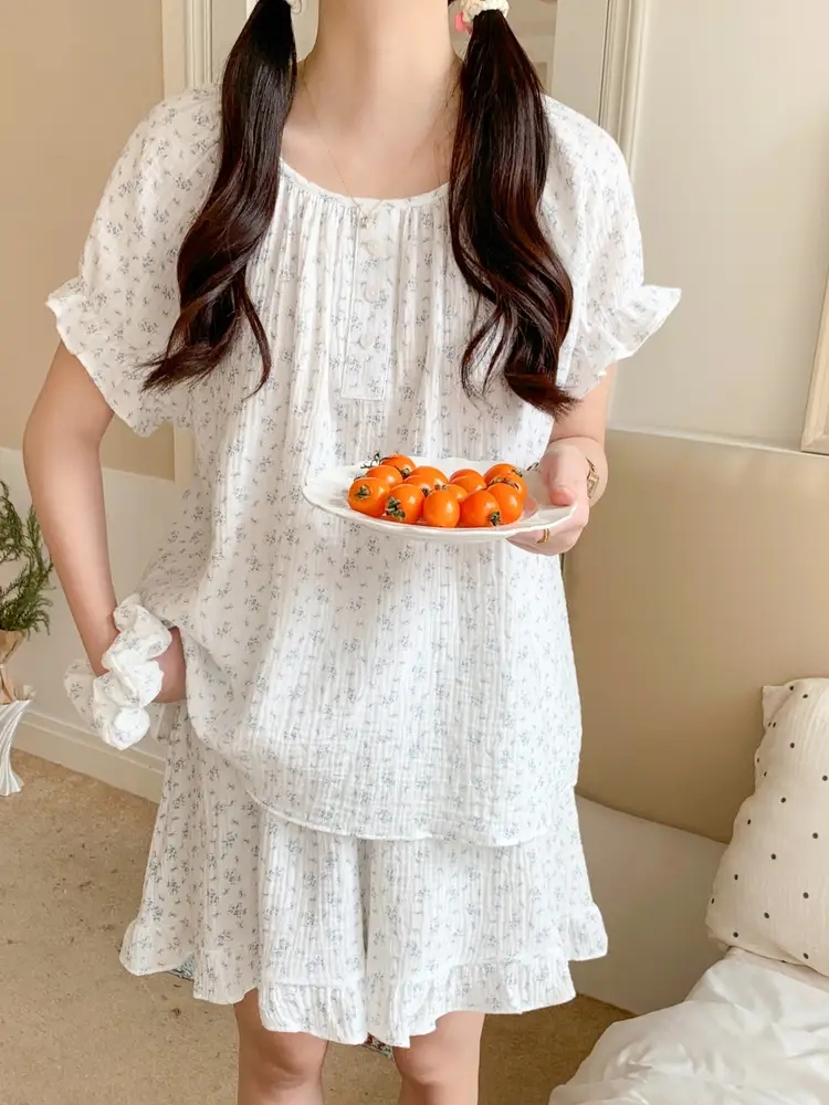 요루면 커플잠옷 반팔 반바지 잔꽃 빅사이즈 임산부 파자마 홈웨어 여름 이미지 6