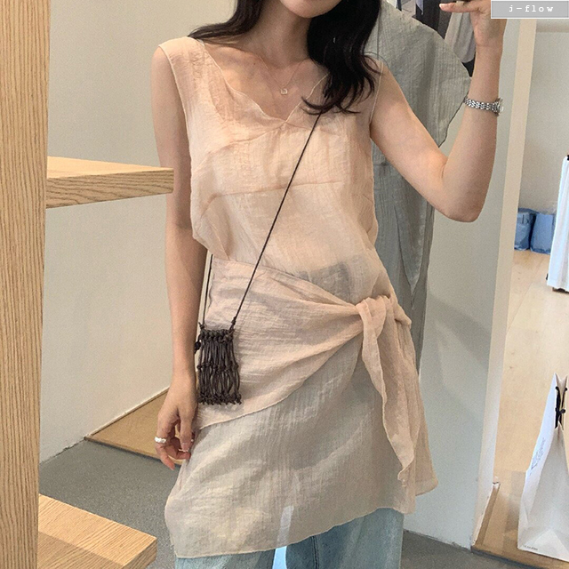 하픈 민소매 레이어드 베스트 랩 미니 원피스 3col 봄 여름 시스루 브이넥 제이플로우 - 상세 이미지 2