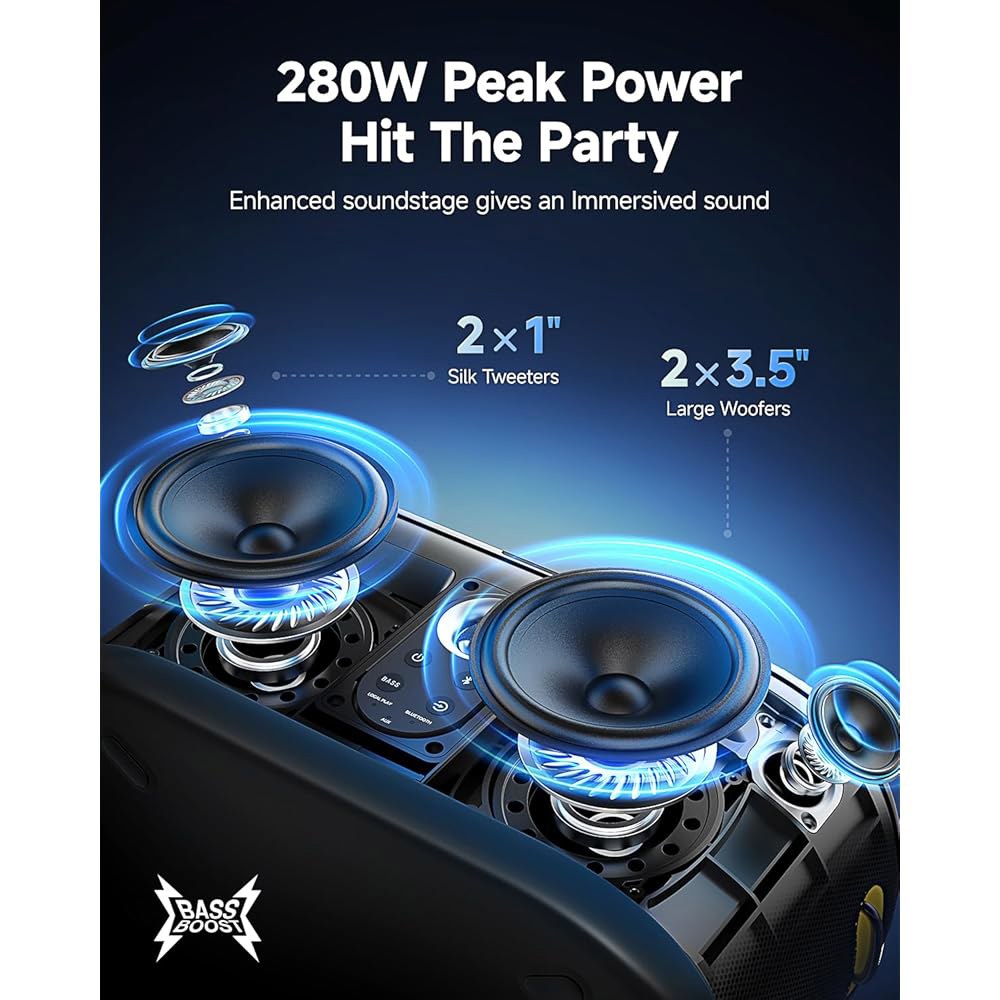 가사 디스플레이가 있는 이카라오 노래방 기계, 10.1인치 화면, 280W, 2+2 채널, 무선 마이크 2개, 오토튠 EQ, 셀프 충전, 카라펀 프라임이 포함된 휴대용 홈 시스템, - 상세 이미지 2