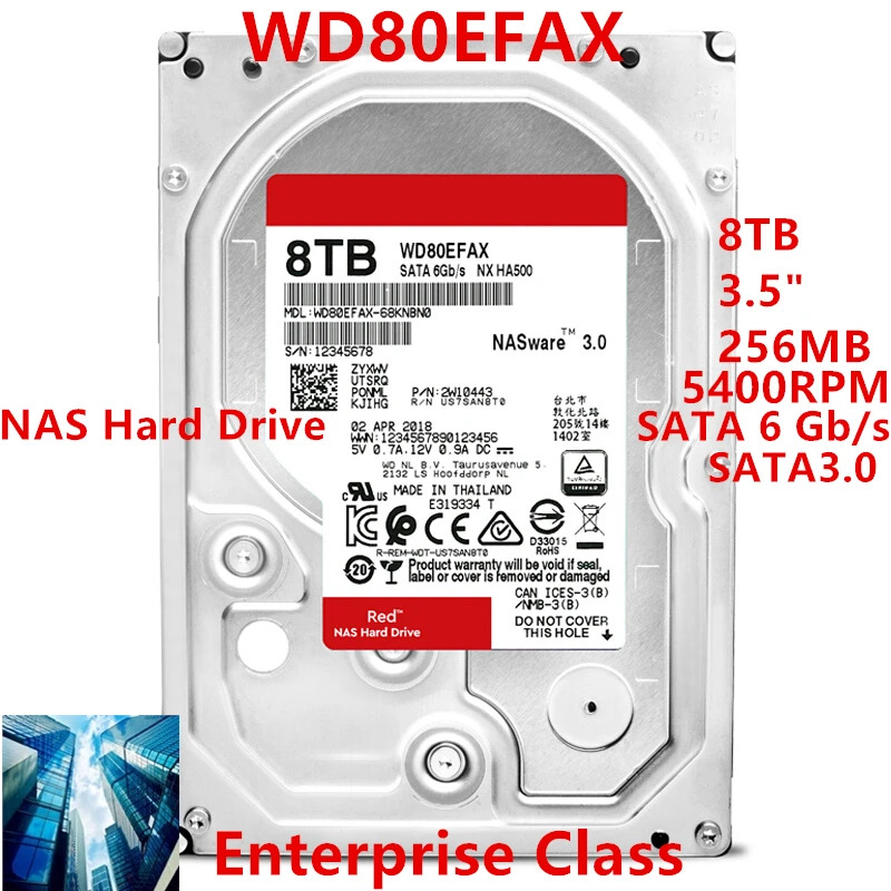 WD80EFAXNAS 하드 드라이브WD Red 8TB 3.5 SATA 6 Gb/s 256MB 5400RPM새 원본 HDD