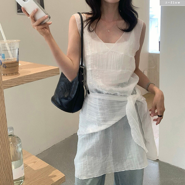 하픈 민소매 레이어드 베스트 랩 미니 원피스 3col 봄 여름 시스루 브이넥 제이플로우 이미지 7