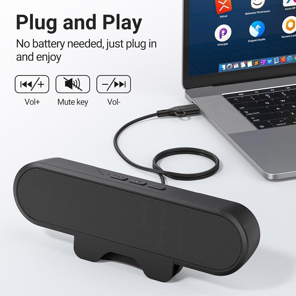 데스크톱 PC용 INGA 컴퓨터 스피커, 클립온이 장착된 USB 모니터 스피커 바, HD 스테레오 라우드 사운드가 유선 데스크 노트북 미니 사운드 모니터링을 위한 간편한 클램프 - 상세 이미지 3