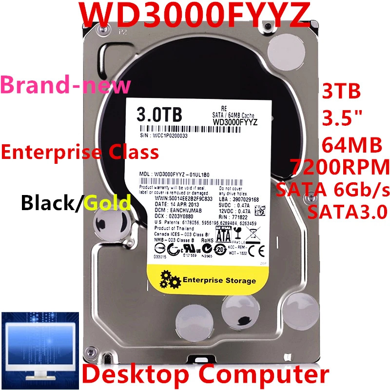 엔터프라이즈 내장 하드 오리지널 HDD WD 블랙/골드 3TB 3.5 인치 SATA 6 Gb/s 64MB 7.2K WD3000FYYZ