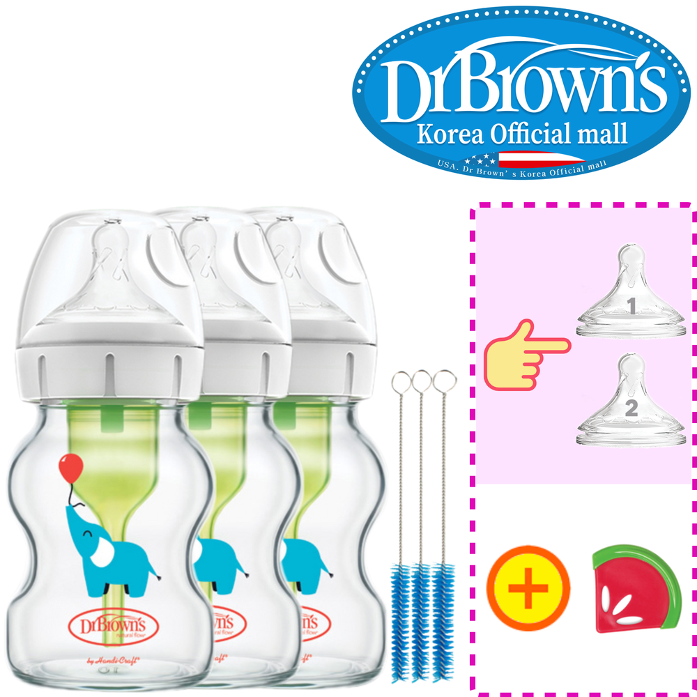 닥터브라운 오피셜 / 유리데코 젖병 와이드넥 150ml 3개, 꼭지선택 / 치발기 옵션선물
