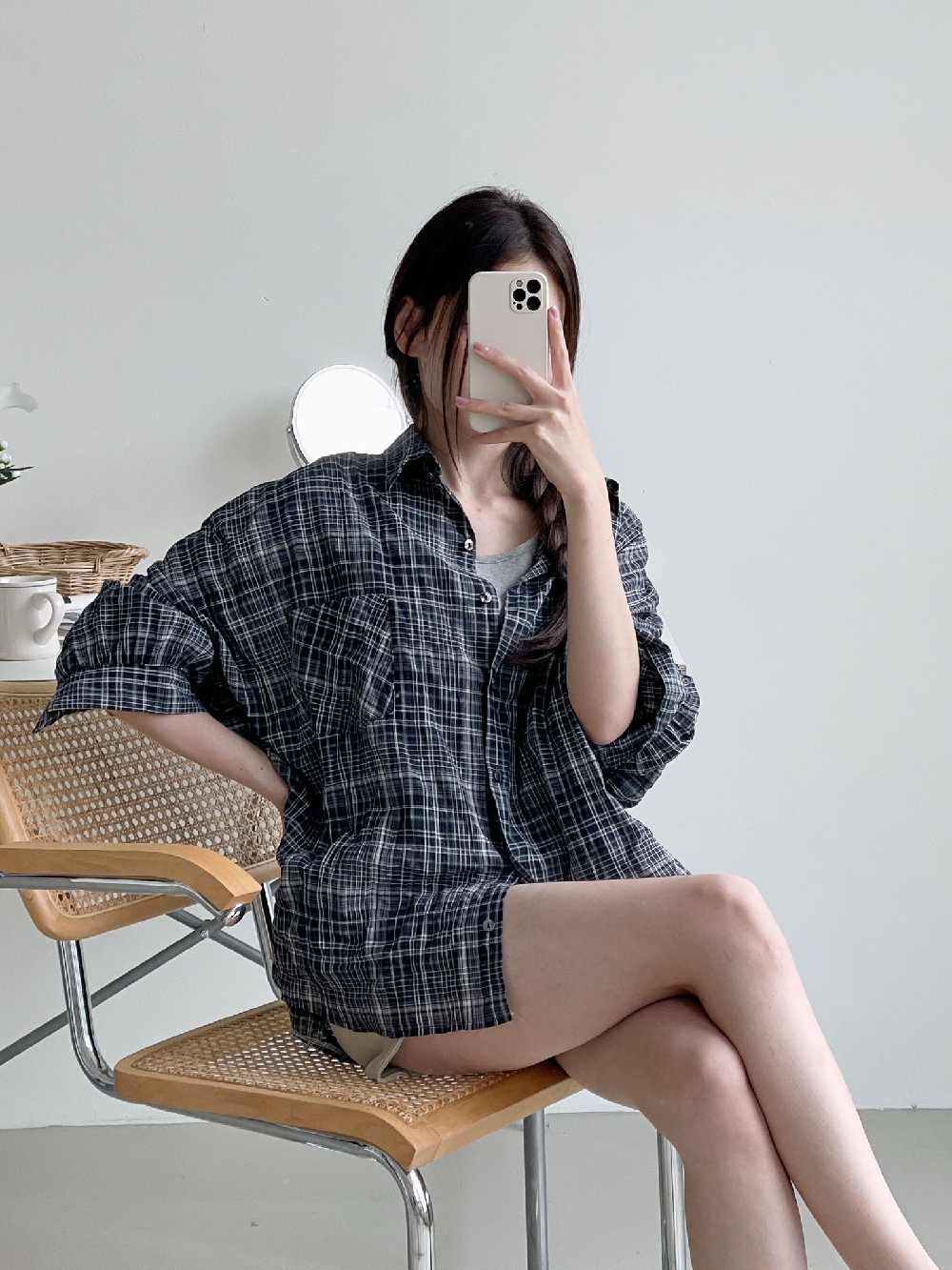 살안타템 체크셔츠 가오리 오버핏 빅사이즈 여름 레이어드 긴팔 남방 이미지 7
