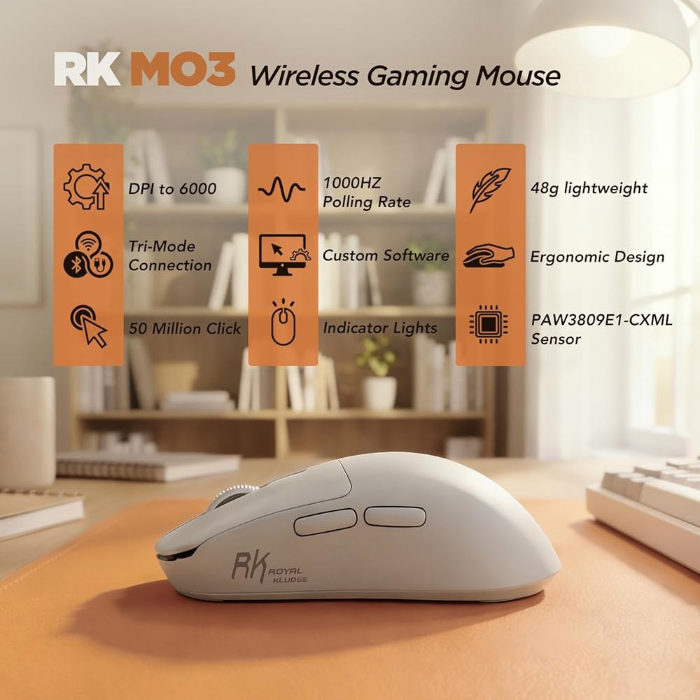 RK ROYAL KLUGE MO3 무선 게이밍 마우스, 48g 경량 컴퓨터 블루투스 / 2.4G 프로그래머블 버튼과 무음 클릭 기능이 있는 유선 충전식 PC 게임 노트북 Mac용 - 상세 이미지 2