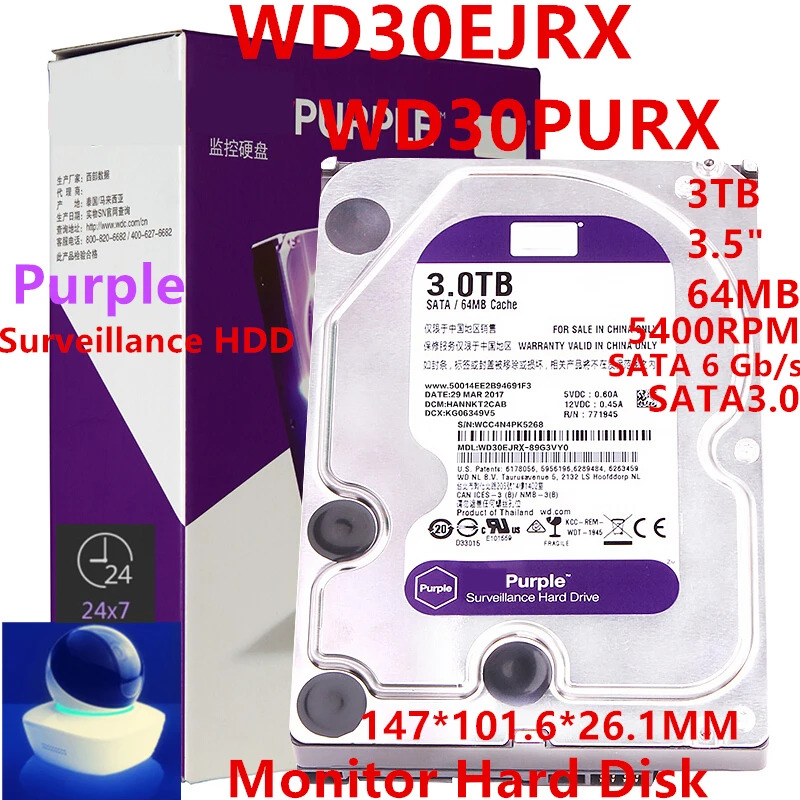 WD Purple 3TB 3.5 SATA 6 Gb/s 64MB 5400RPM 새 원본 HDD 감시 WD30EJRX WD30PURX 내부 용