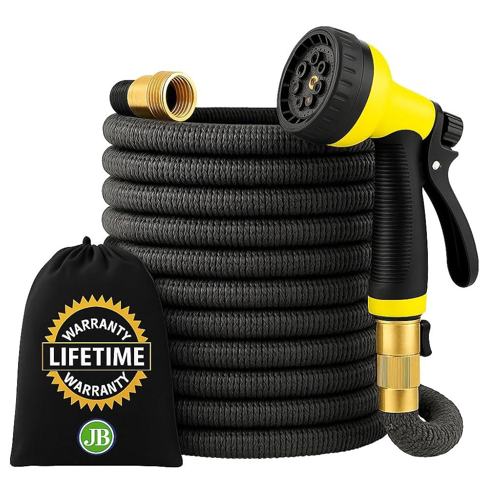 J&B XpandaHose 75피트 확장형 가든 호스 u2013 초강력 3750D, 4층 라텍스 코어, 황동 3/4인치 커넥터, 10패턴 노즐 및 보관 가방 경량, 주름 감소, - 상품 이미지