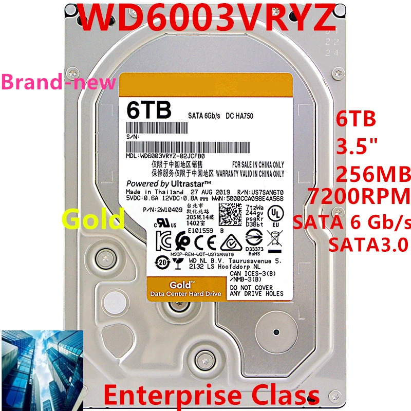 WD 골드오리지널 HDD WD6003VRYZ 내부 6TB 3.5 인치 SATA 6 Gb/s 256MB 7200RPM