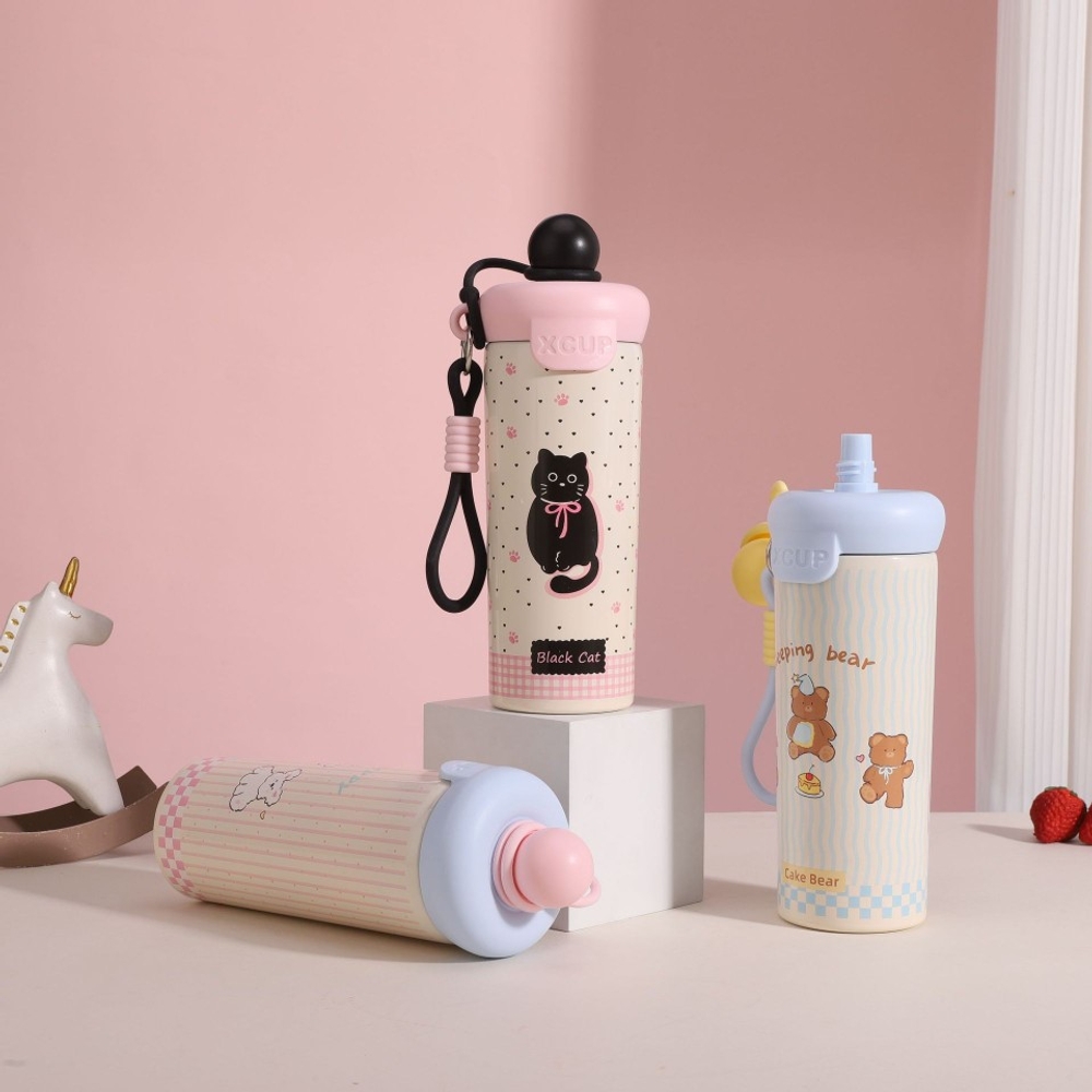 316 캐릭터 보온병 스테인리스 텀블러 대용량 차량용 커피컵 600ml 검은 물방울 고양이 600ml - 상품 이미지