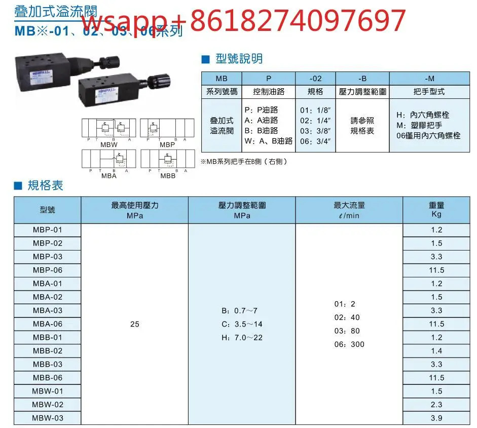 MBP-02B 대만 Kangbaishi KOMPASS 스택 유압 밸브 MBB 오버플로 03 B/C/H