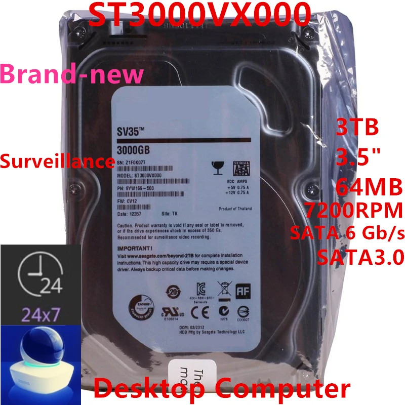 씨게이트 SV35 오리지널 HDD 3.5 인치 SATA 6 Gb/s 64MB 7200RPM 내부 감시 ST3000VX000 3TB 신