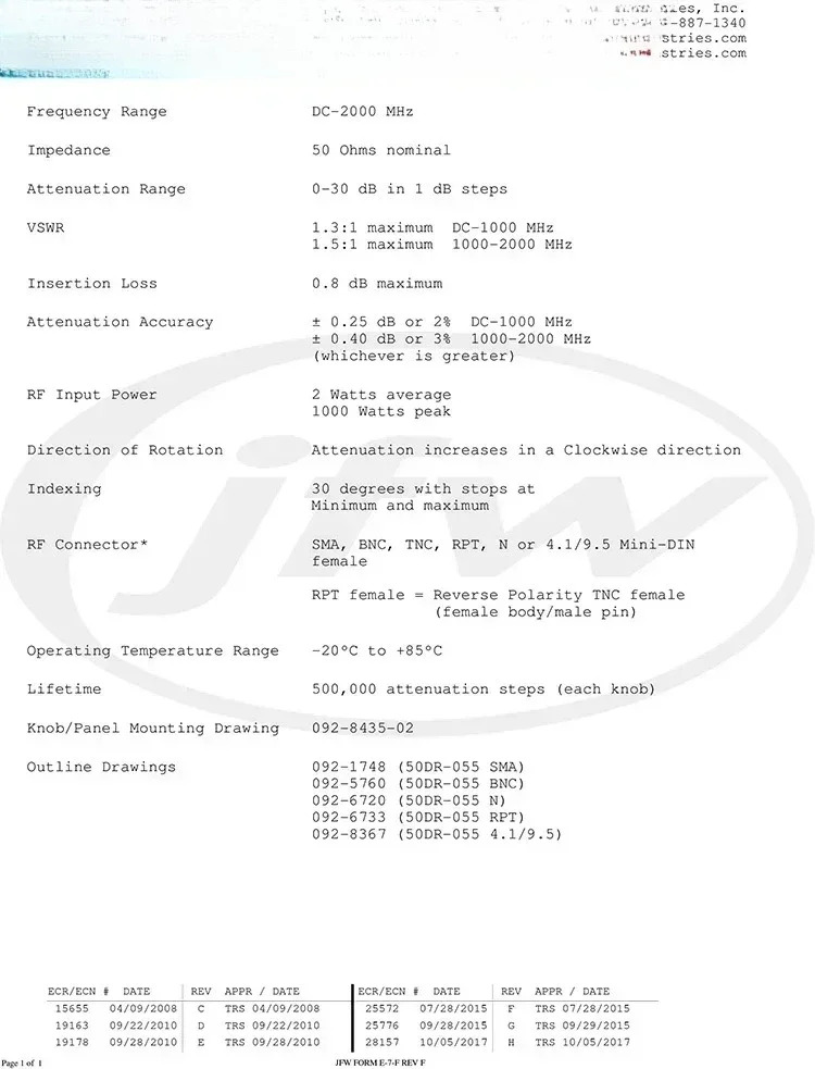 JFW 50DR-055 DC-2GHz 0-30dB 1dB 2W SMA RF 가변 스텝 감쇠기