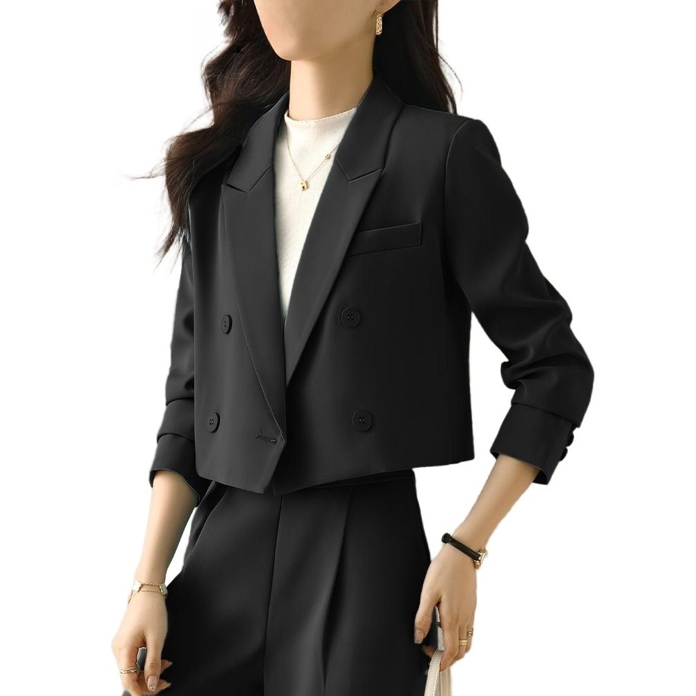 화이트 크롭자켓 여성정장세트 재킷 크롭셋업 블레이저 라운드넥 노카라 여성용 - 상품 이미지