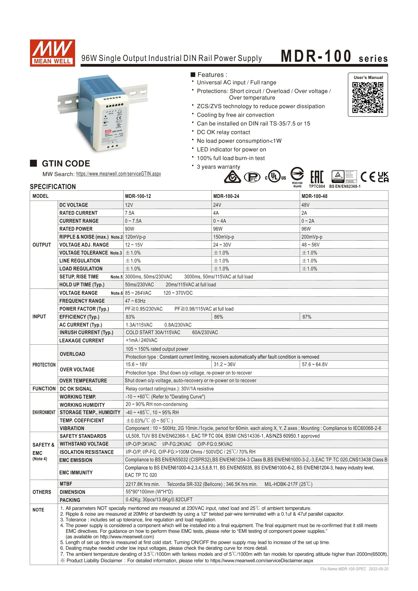 MEAN WELL MDR-100 MDR-100-24 24V 4A 96W 단일 출력 레일 산업전원공급장치