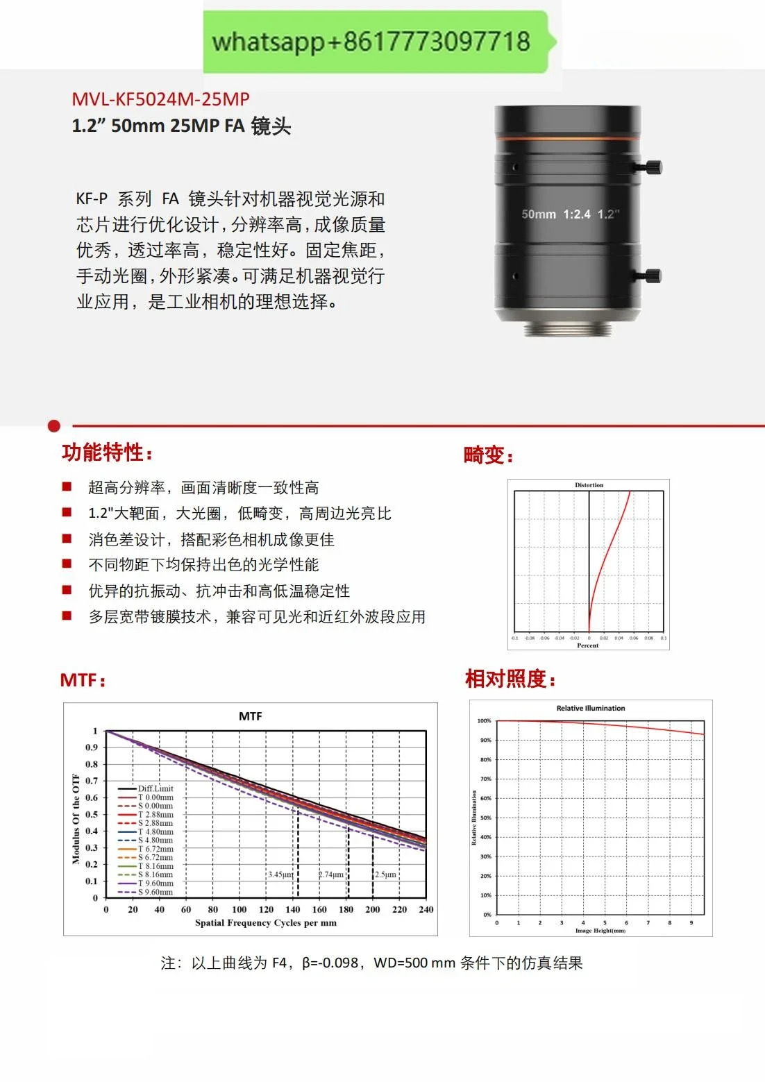 MVL-KF5024M-25MP 고정 초점 50mm 1.2인치 2500만 픽셀 산업렌즈